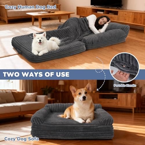 OtterOasis Foldable Human Dog Bed for Adult, Fluffy Faux Angora Human Sized Pet Bed with Blanket, Orthopedic Dog Bed with Egg Foam and Water Repellent Liner (Dark Grey (Foldable), 72" Length) - Thumbnail 5