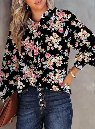 Dokotoo Womens Long Sleeve Tops for Women Work Business Button Down Ladies Blouses and Tops Loose Fit Dressy Allover Floral Print V Neck Office Boho Tunic Top 2026 Trendy Fall Outfits Black Large - Thumbnail 2