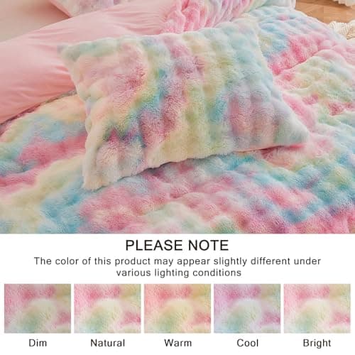 EMME Faux Fur Duvet Cover Queen Size, 3 Pieces Ultra Soft Fluffy Comforter Cover, Cozy Warm for Winter, Luxury Elegant Shaggy Bubble Design Bedding, 1 Duvet Cover & 2 Pillow Shams (Queen, Rainbow) - Thumbnail 5