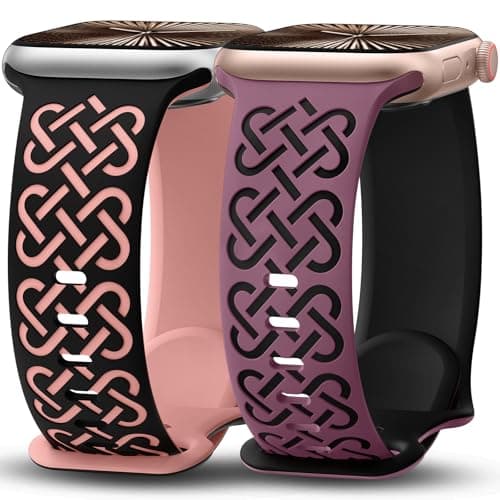 Minyee 2 Pack Engraved Bands Compatible with Apple Watch Band 42/44/45/46/49mm Women, Soft Silicone Two-Tone Celtic Sport Strap for iWatch Series 11 10 9 8 7 6 5 4 SE/Ultra 3 2 1,Black/Pink/VioletRed - Image 1