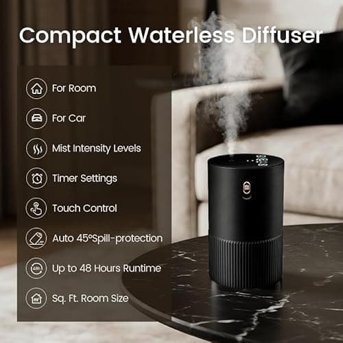 Waterless Diffuser for Essential Oil, Car Diffsuer, Aluminum Alloy & Fabric, 0.33 Fl Oz/ 10mL, Waterless Diffusers, Scent Diffuser with Timer & 4 Mist Levels for Home, Room, Car, Office - Black - Thumbnail 4