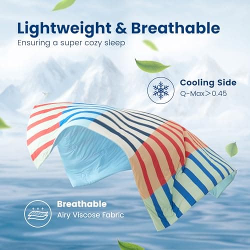 Snuggle Sac Mediterranean Stripe Cooling Comforter King Size Set, Q-Max ＞0.45 Cooling Blanket for Hot Sleepers & Night Sweats, Double-Sided Lightweight Breathable Summer Quilt, 106x90 Multi Green - Thumbnail 6