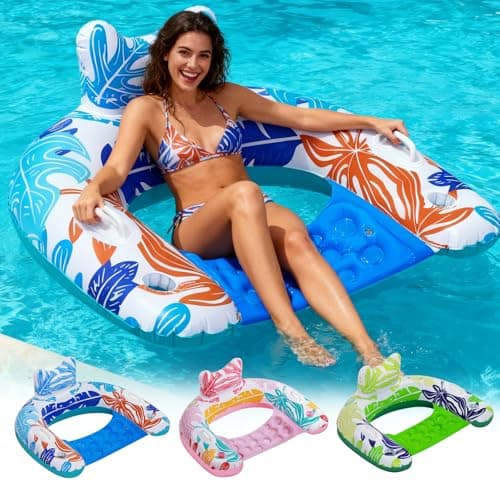 BSIEZC Pool Floats, Inflatable Pool Floats Adult & Kids 3 Packs, U-Shaped Water Floating Lounger with Headrest, Cup Holders, Handles, 3 Chambers, Portable Pool Float Chair for Summer Beach Pool Party - Image 1