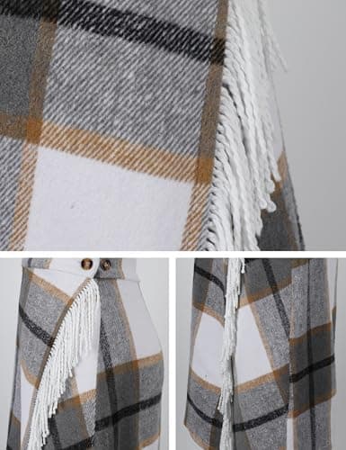 Tanming Womens Plaid Fringed Midi Skirt A Line Warm Wool Wrap Skirt Fall Winter Tartan Dress (LightGrey-XS) - Thumbnail 6