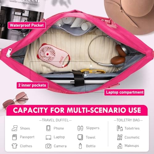 WOOMADA Weekender Overnight Bag for Women, Carry on Shoulder Travel Duffel with Shoes Compartment,Gym Bag with Toiletry Bag(hot pink) - Thumbnail 4