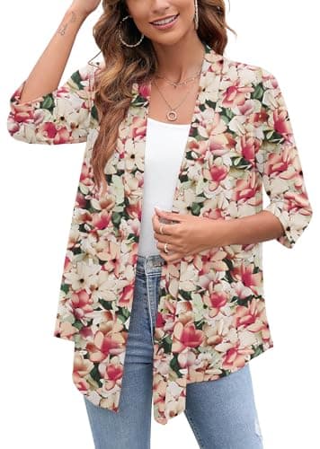 Heymoments Cardigan for Women Creamy Vintage Blossom Large Draped Open-Front 3/4 Sleeve Lightweight Casual Soft Drape Summer Fall Kimonos Cardigans - Image 1