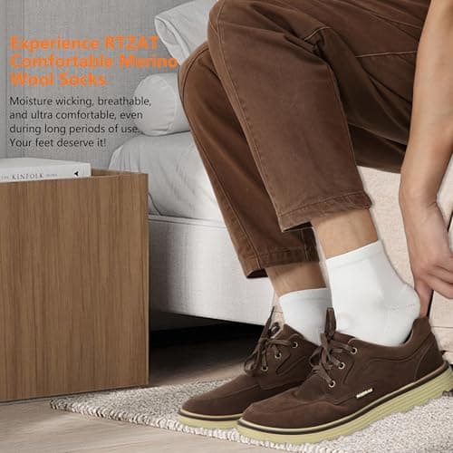 RTZAT Men's Women's 90% Merino Wool Ankle Athletic Business Casual Running Moisture Wicking Arch Support Thin Wool Socks, White, Large, 3 Pairs - Thumbnail 2