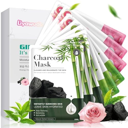 Liyawudo Centella hydrating face masks Set (9 Pack) – Hydrating Face Masks with Green Tea, Sakura & Charcoal | Moisturizing Facial Masks for Women | Sensitive & All Skin Types - Image 1