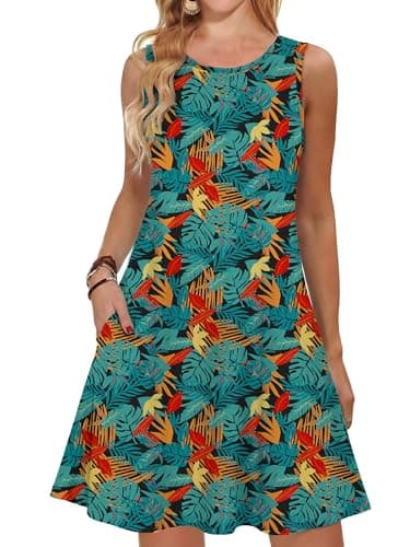 ANRABESS Summer Dresses for Women Beach Floral Tshirt Sundress Loose Casual Boho Tank Dress with Pocket Vacation Outfits Orange Red Blue Leaf-XL - Image 1