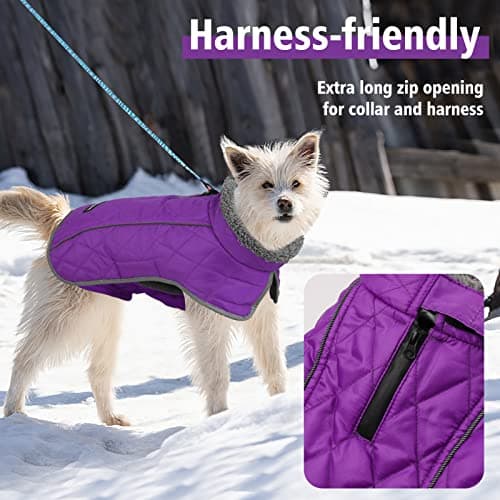 Fragralley Dog Coat Large, Waterproof Dog Jacket with Warm Fleece Lining, Adjustable Reflective Dogs Winter Coat, Turtleneck Pet Coats for Cold Weather (Purple L) - Thumbnail 4