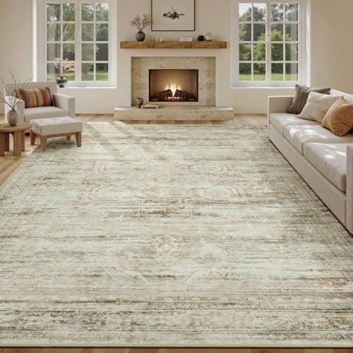 Carpelux Large Area Rugs 9x12 Living Room, Washable Soft Faux Wool Carpet for Bedroom Dining Room, Neutral Vintage Distressed Non Slip Stain Resistant Beige Rug for Office Decor - Image 1