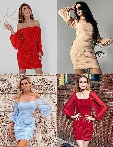 MEROKEETY Womens Long Sleeve Mesh Bodycon Cocktail Dress 2026 Square Neck Ruched Club Mini Dress Teal Medium - Thumbnail 5