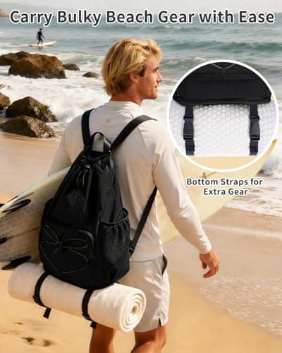 WANDF Drawstring Backpack with Removable Wet Pocket, Sandproof Beach Backpack with Bottom Compression Strap for Beach Mat, Swim Bag for Pool, Gym, Travel and Workout Gear (Black) - Thumbnail 4