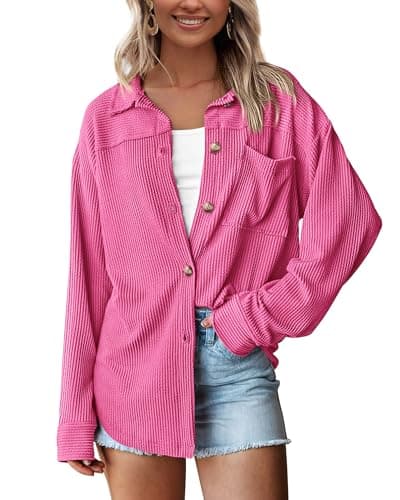 PRETTYGARDEN Women's Button Down Shirts 2026 Spring Long Sleeve Textured Tops Oversized Shacket Jacket Knit Blouses(Rose Red,Small) - Image 1