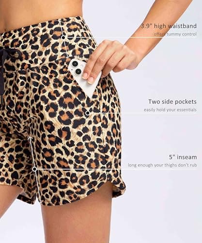 Viodia Women's 5" High Waisted Swim Board Shorts Quick Dry Beach Shorts with Pockets UPF 50+ Swimsuit Bottoms with Liner Leopard S - Thumbnail 5