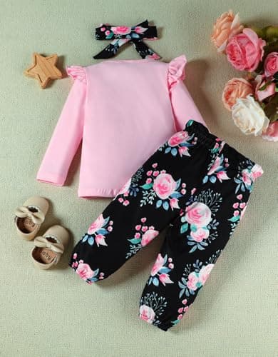 FAMIHAO Big Sister Little Sister Matching Outfits Ruffle Long Sleeve Shirt Floral Pants Headband Toddler Girl Clothes 3Pcs,2-3T Pink&Black - Thumbnail 4