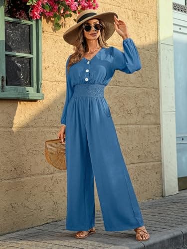 LOOKBOHO Jumpsuits for Women Dressy Casual Long Sleeve One Piece 2026 Fall V Neck High Waist Wide Leg Romper With Pockets Blue Large - Thumbnail 4
