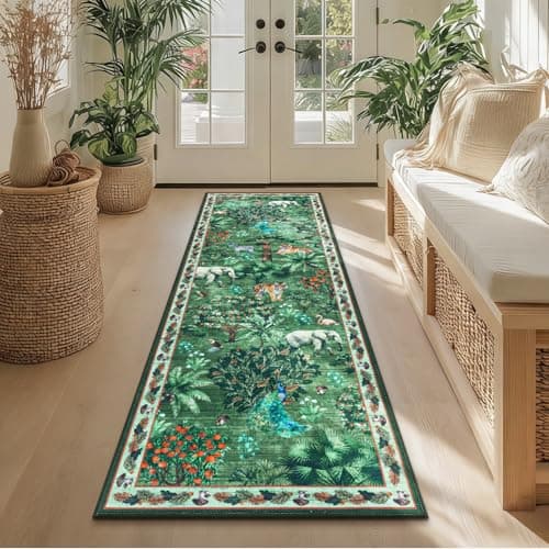 Yamaziot Hallway Runner Rug 2x6 – Jungle Animal Print Linen Rug with Non Slip Backing, Low Pile Washable Distressed Boho Carpet for Indoor Outdoor Rug, Kitchen, Bedroom, Entrance, Forest Green - Image 1