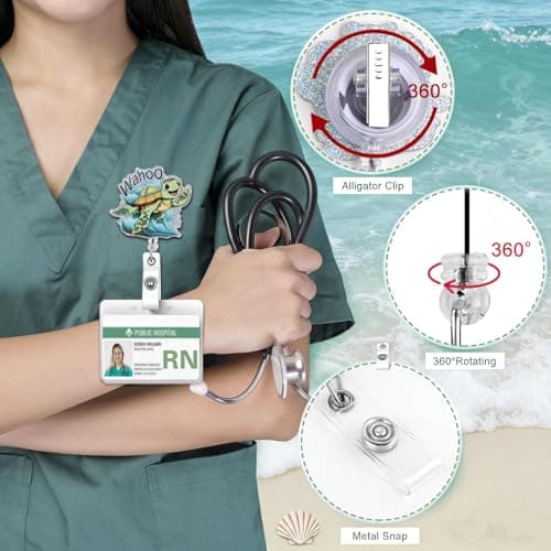 Funny Sea Turtle Nurse Badge Reel, Cute Badge Reel Clip Retractable for Student RN LPN CNA Medical Worker Teacher ID Card Holder Badge Pediatric Badge Buddy, Coastal Spring Summer Ocean Nurse Gifts - Thumbnail 4