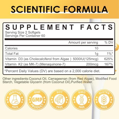 Vitamin D3 K2 Supplement with Vitamin D3 5000 IU, 200 mcg Vitamin K2 MK-7 & Natural Coconut Oil, Plant Based 2-1 Formula for Bone, Teeth, Muscle and Immune Health Support,120 Softgel Capsules - Thumbnail 2