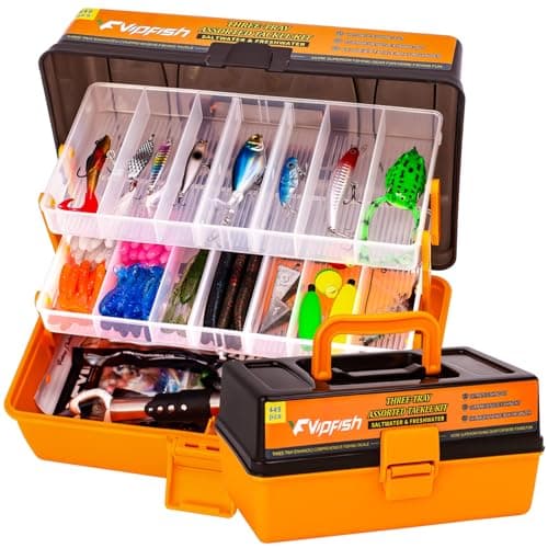 Vipfish 448-Pcs Fishing Lures Kit – Complete 3-Layer Tackle Box Set with Hooks, Weights, Bobbers, Pliers, Rigs, Leaders, Fluorocarbon Line, Accessories & More for Kids Fishing Gear (Orange) - Image 1