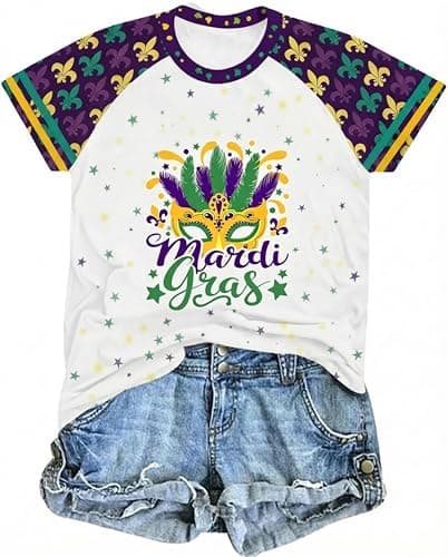 Carnival Shirt for Women Cheer Outfit Fat Tuesday Tshirt Fleur De Lis Graphic Tee Mask Carnival New Orleans Party Tops White - Image 1