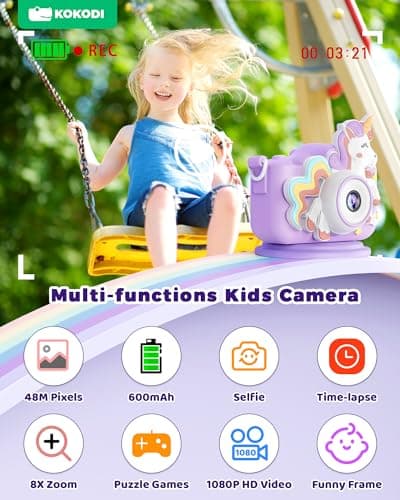 KOKODI Kids Camera Toy Digital Camera for Kids, Birthday Gifts for Girls Age 3-12, 1080P HD Video Camera for Toddler, Unicorn Children Toys for 3 4 5 6 7 8 9 Year Old Girls with 32GB SD Card (Purple) - Thumbnail 4