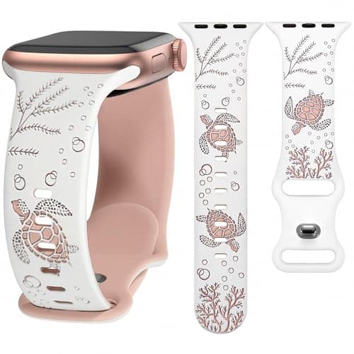 HMFCBFSS Cute Sea Turtle Band Compatible with Apple Watch Bands Women 42mm 44mm 45mm 46mm 49mm, Sport Silicone Band for iWatch Series 11 10 Se 9 8 7 6 5 4 3 2 1 Ultra Waterproof Strap for Daily Summer (White/Sandy pink, 44mm/45mm/46mm/49mm/(42mm-Series 3 2 1) - Image 1