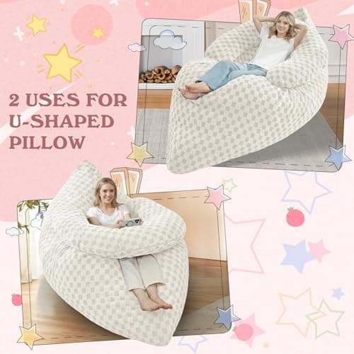 HABUTWAY 3 in 1 Bean Bag Chair with Portable U-Shaped Pillow, Giant Bean Bag with Washable Cover, Convertible Sofa Bed (White) - Thumbnail 3
