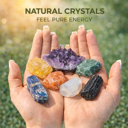 MYDAYS&DESIGN 7 Chakra Healing Crystals Set for Meditation Yoga Reiki, Amethyst Cluster, Lapis Lazuli, Opal, Green Aventurine, Citrine, Sunstone, Black Tourmaline with Wooden Gift Box and Guidebook - Thumbnail 2