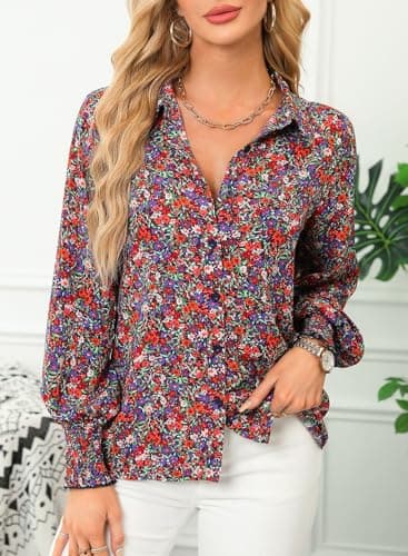 Dokotoo Womens Long Sleeve Tops for Women Work Business Button Down Ladies Blouses and Tops Loose Fit Dressy Allover Floral Print V Neck Office Boho Tunic Top 2026 Trendy Fall Outfits Purple Large - Thumbnail 3