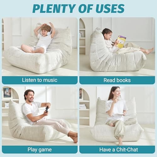 Homguava Bean Bag Chair, Giant Beanbag Chairs for Adults, Memory Foam Fireside Chair, Large Lazy Floor Sofa, Sofa Couch with High-Rebound Foam, Lounge Chair for Living Room, Bedroom (Beige, Single) - Thumbnail 5