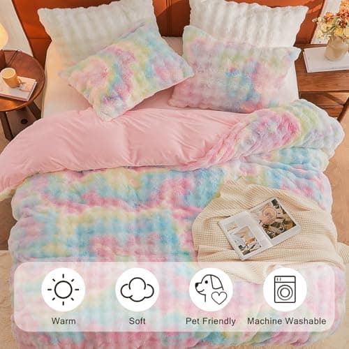 EMME Faux Fur Duvet Cover Queen Size, 3 Pieces Ultra Soft Fluffy Comforter Cover, Cozy Warm for Winter, Luxury Elegant Shaggy Bubble Design Bedding, 1 Duvet Cover & 2 Pillow Shams (Queen, Rainbow) - Thumbnail 4