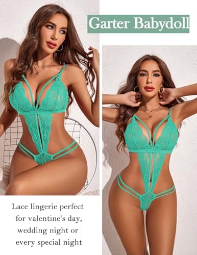 Avidlove Lingerie for Women Sexy Teddy Underwear Nighty Lace Bodysuit Cute Outfit (Celadon Green, X-Small) - Thumbnail 5