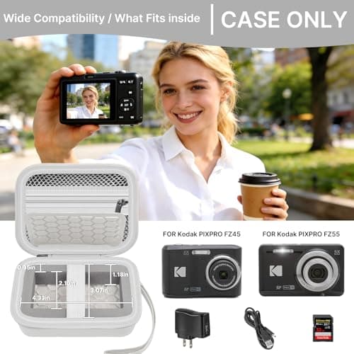 Comecase Hard Camera Case for KODAK PIXPRO FZ55 FZ45, Shockproof Digital Camera Bag with Accessory Mesh Pocket, Small Vlogging Camera Case, Portable Travel Carrying Pouch for All Ages, White - Thumbnail 2