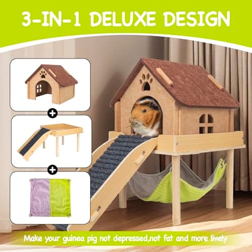 BESNEW 3 in 1 Enlarged Guinea Pig Hammock,Wooden Guinea Pig Hideout with House & Platform & Stairs Small Animal Toys for Hiding Sleeping Activities - Thumbnail 2