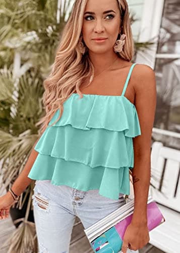 KIRUNDO Spaghetti Strap Ruffle Babydoll Peplum Tank Tops for Women 2026 Summer Cute Flowy Beach Vacation Cruise Outfits(Light Green, Small) - Thumbnail 2