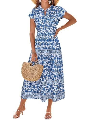 GRACE KARIN Summer Dresses for Women 2025 Casual Sundresses Beach Sleeveless Swing Dress with Pockets White Blue Floral XXL - Image 1