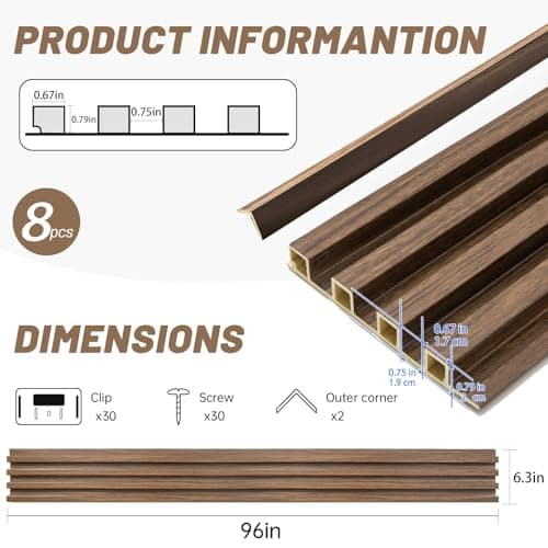 Tepanecov WPC Slat Wall Paneling, 8-Pack Water - Proof 3D Wall Panels, Accent Slat Wall Paneling for Interior Decor, TV Background, Living Room, Walnut 96 x 6inch - Thumbnail 4