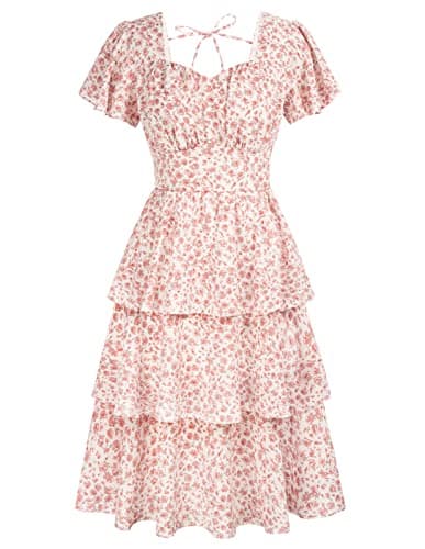 Belle Poque Women's 2026 Floral Summer Sun Dress Square Neck Short Sleeve Tiered Ruffle Boho Swing Dresses Pink S - Image 1
