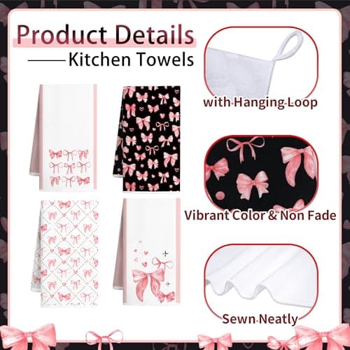 Vetoxka 8 Pcs Cute Pink Bow Kitchen Towels and Dishcloths Sets Oven Mitts Pot Holders Set Valentines Day Absorbent Decor Accessories Gloves Potholders Heat Resistant for Chef Baking Cooking Home Gifts - Thumbnail 5