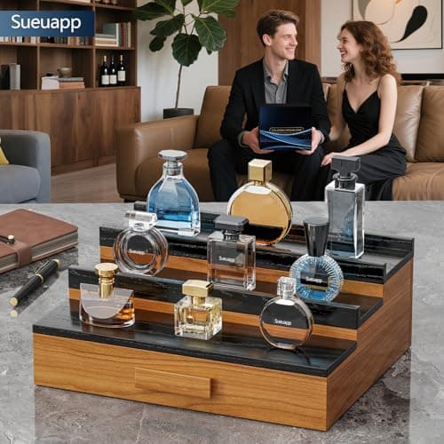 Sueuapp Solid Walnut Wood Cologne Organizer for Men,3 Tier Cologne Stand Display Shelf with Hidden Compartment and Drawer,Perfume Stand Organizer,Perfume Display Holder,Great Gift for Men Father - Thumbnail 4