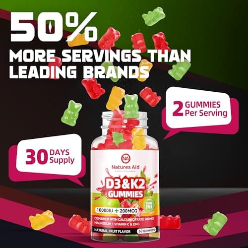 Natures Aid Sugar-Free Vitamin D3 K2 Gummies with Calcium + K2 (MK-7), Magnesium Citrate, Vitamin C, Extra Strength - Ultimate Absorption for Bone Muscle Teeth Immune, Vegan - 60 Gummies - Thumbnail 5