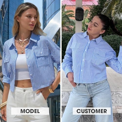 EXLURA Women's 100% Cotton Striped Cropped Button Down Shirt Long Sleeve Blouse Summer Casual Collared Crop Tops with Pockets Blue - Thumbnail 2