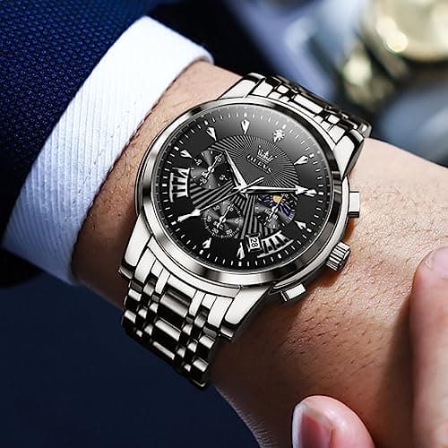 OLEVS Watch Men Black and Silver Watches for Men Luxury Stainless Steel Mens Watches Waterproof Luminous Large Face Classic Chronograph Analog Quartz Mens Wrist Watch Date Dress Reloj para Hombre - Thumbnail 2