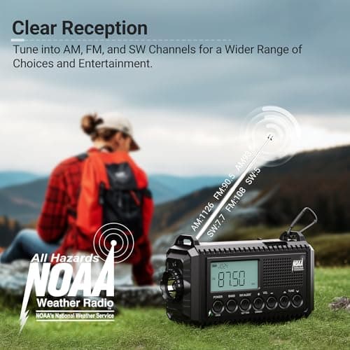 Auto NOAA Digital 5000 Weather Radio with Backlit LCD Screen, 5 Way Powered Solar Hand Crank Portable AM/FM/Shortwave Emergency Radio/Phone Charger,Read Lamp/Camping Flashlight,Earbud Jack,Clock,SOS - Thumbnail 3