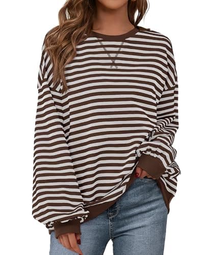 BTFBM Womens Oversized Striped Sweatshirt 2026 Spring Crewneck Long Sleeve Pullover Top Casual Y2K Clothes Workout Shirt(Grey Brown, X-Large) - Image 1