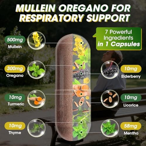 Mullein Oregano Oil Capsules for Lungs Detox-7 in 1Pure Herbal Mullein Leaf Extract, Elderberry, Turmeric,Mentha for Respiratory & Immune Support, Lung Cleanse for Smokers,Vegan,Non-GMO (120 Caps) - Thumbnail 3