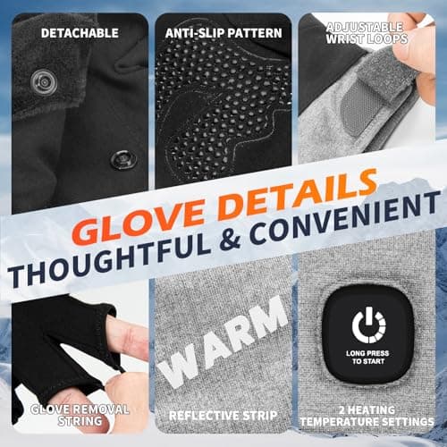 Heated Gloves for Men Women, Rechargeable Detachable Full & Half Hands Heated Glove Fingerless Electric Heating Gloves Hand Warmer for Work, Hunting, Skiing, Outdoor Work (Black-Gray, L) - Thumbnail 6