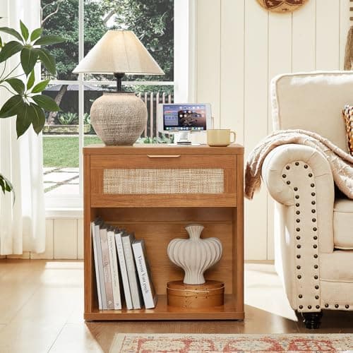 LEYAOYAO Rattan Nightstand with Charging Station, 23" Wide Boho Night Stand with Drawer, Natural Wood Bedside Table Open Storage Cabinet, Bed Side End Tables Dresser for Bedroom, Living Room, Hallway - Thumbnail 5
